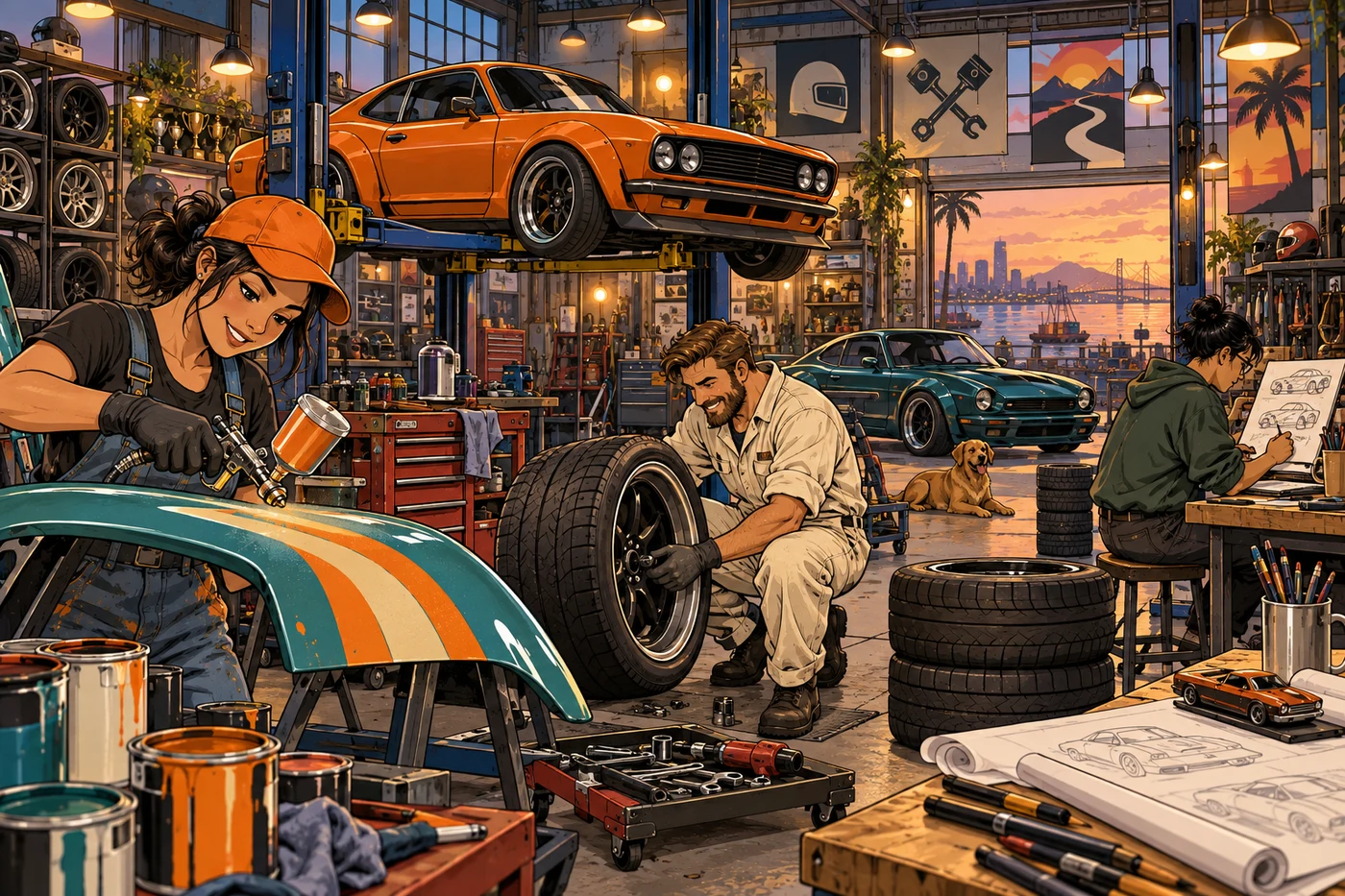 Illustrated mechanics painting, building wheels and sketching together in a sunset workshop